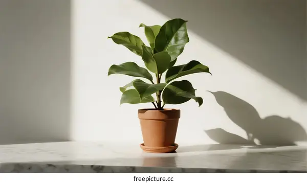Potted Ficus Elastica Plant with Large Green Leaves in Terracotta Pot