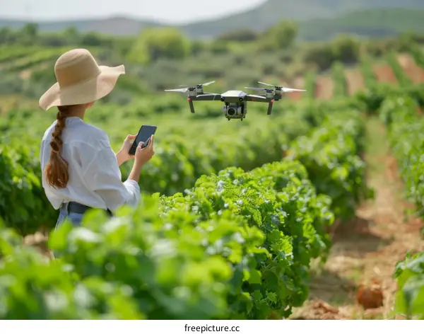 Woman farmer flying a drone over a lush green vineyard