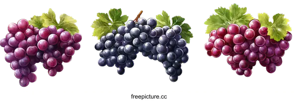 [Transparent Background PNG]Three Clusters of Colorful Grapes Illustration