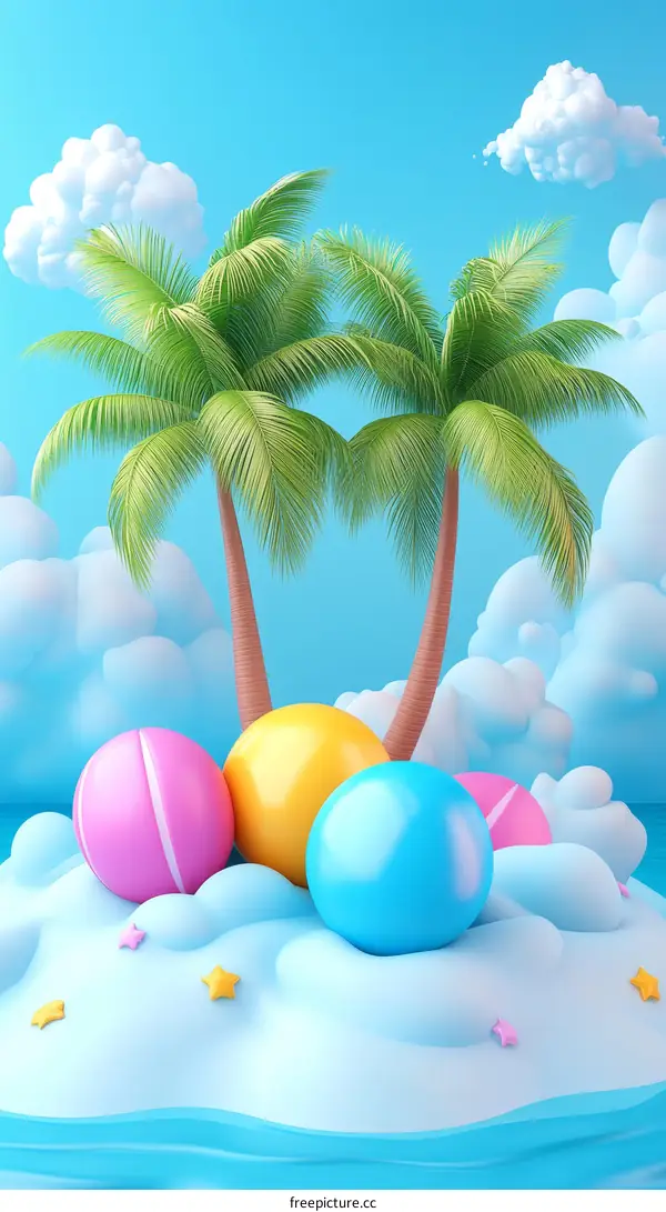 Cute Cartoon Summer Island with Palm Trees and Colorful Balls