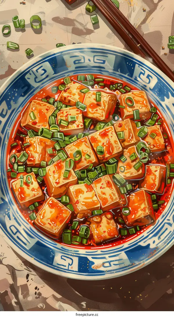 A bowl of Mapo Tofu with chopsticks and green onions