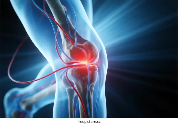 3D Rendering of Human Knee Joint with Highlighted Arteries and Veins