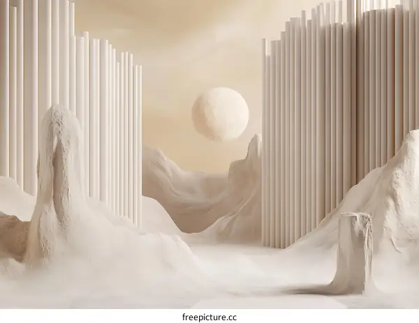 Minimalist 3D Abstract Illustration of White Mountains and a Sphere in a Beige Sky