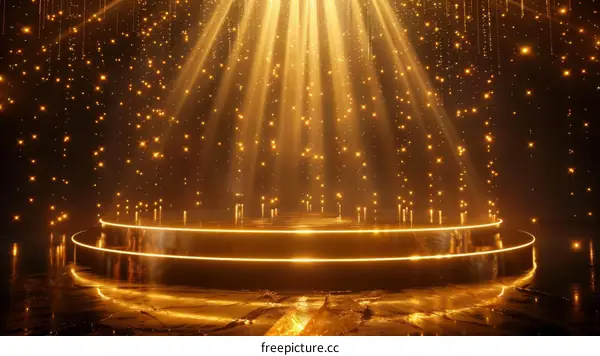 Golden stage with spotlights and glowing particles. 3D rendering backdrop
