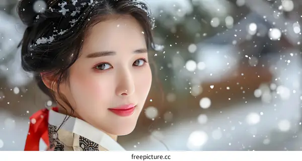 Portrait of a beautiful woman in traditional Korean dress, hanbok, with a red ribbon in her hair. The background is blurred with falling snow.