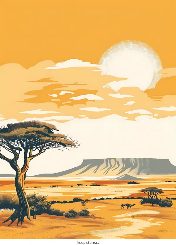 African Savannah Sunset Landscape Illustration