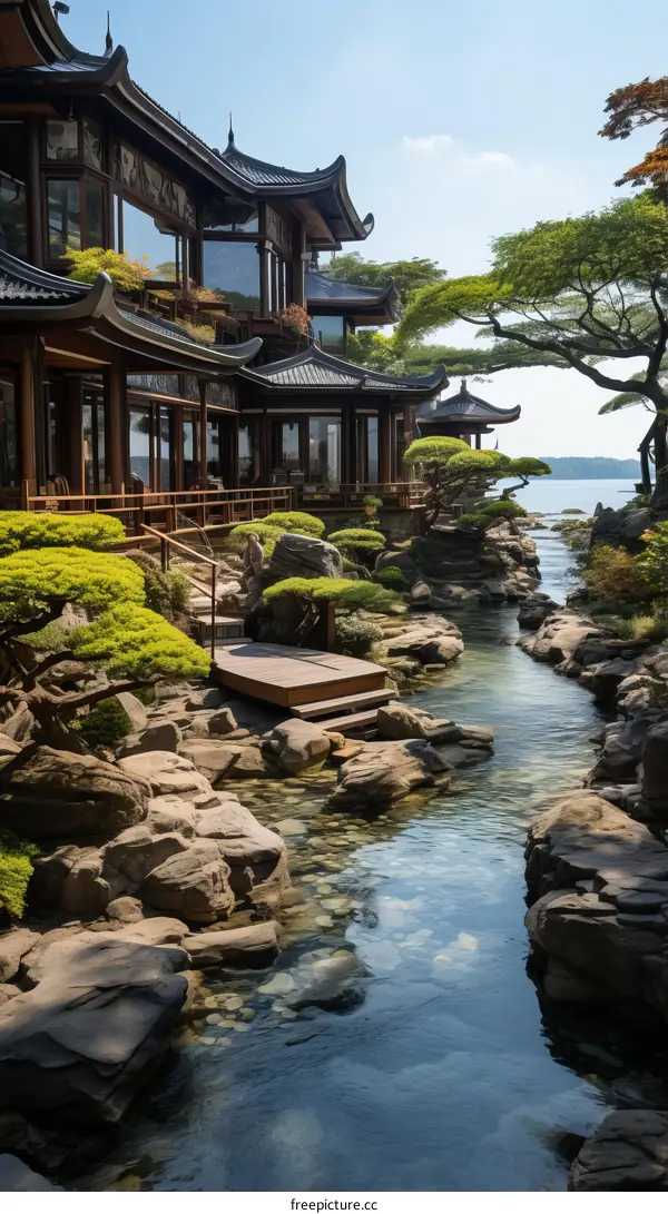Oriental architecture house near water with stone landscaping