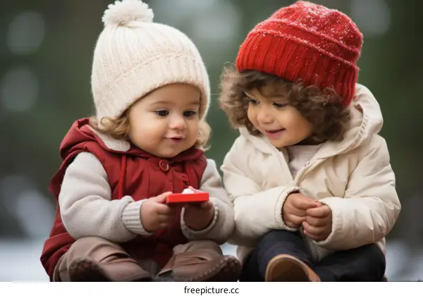 Two toddlers sit on a snowy ground and look at a small red box