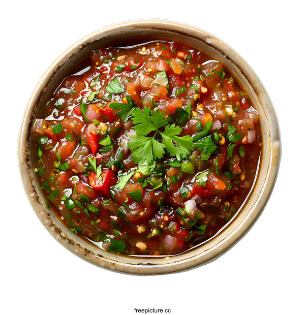 [Transparent Background PNG]Top view of homemade salsa sauce in bowl