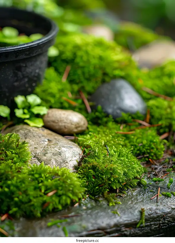 Green Moss with Stones and Pot in Background