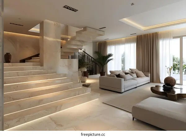 Bright and Airy Staircase and Living Room With Modern Furnishings