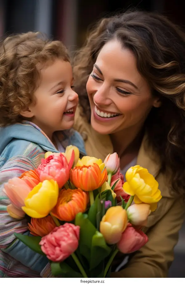 A mother and her child are smiling at each other while the child holds a bouquet of tulips.