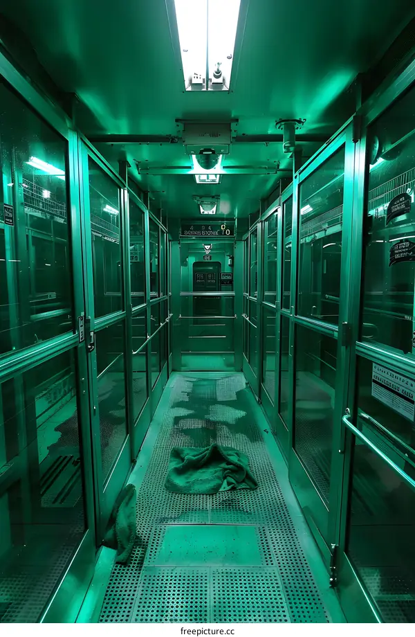 Green Metal Corridor With Glass Doors and a Towel