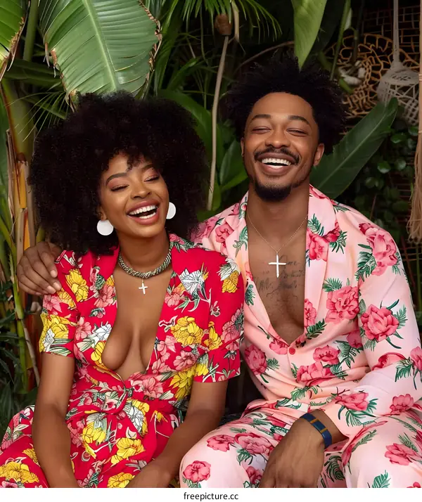 Happy Couple in Floral Print Clothing Posing in Lush Garden