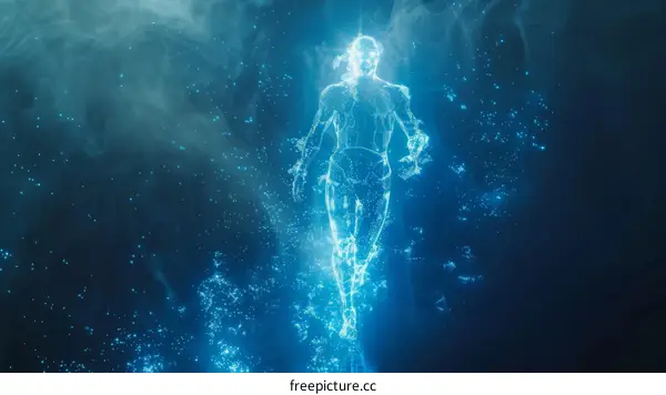 Blue translucent man running in the dark