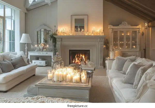 Cozy Living Room with Candles and Fireplace