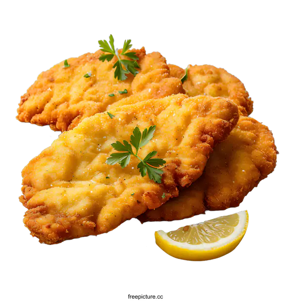 [Transparent Background PNG]Golden Fried Cutlets with Lemon and Parsley