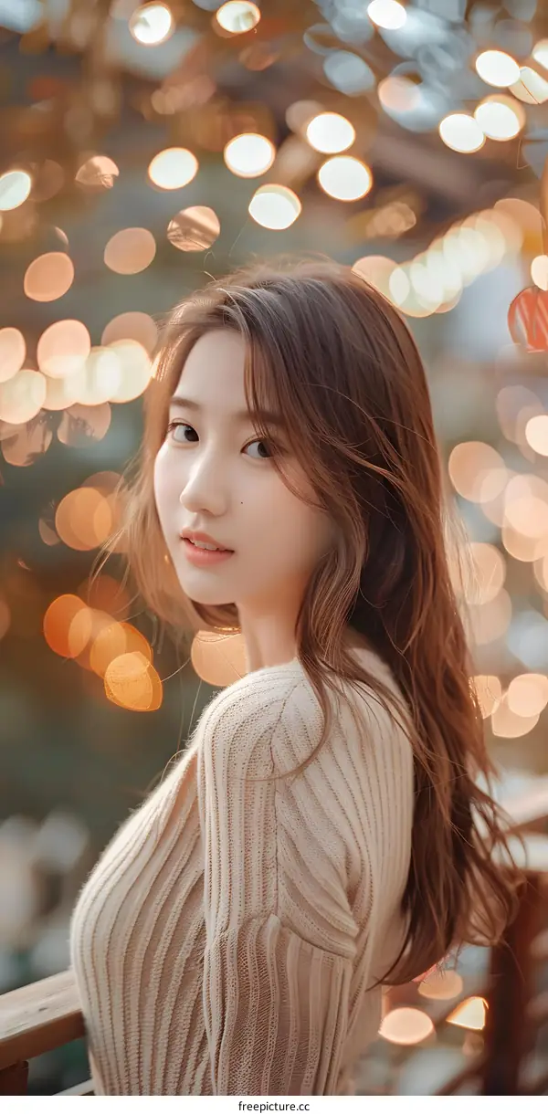 Portrait of a Young Asian Woman Looking Over Her Shoulder With Bokeh Lights