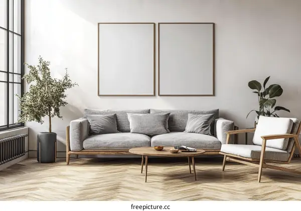 Modern Minimalist Living Room Mockup with Blank Frames