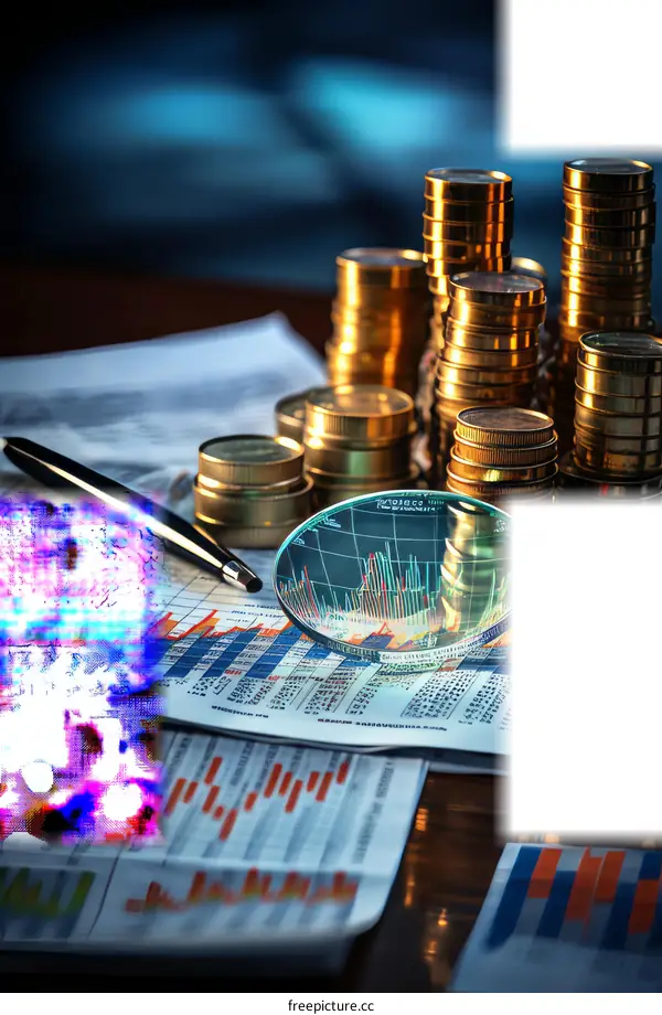 Stacks of Gold Coins with Magnifying Glass and Financial Graph