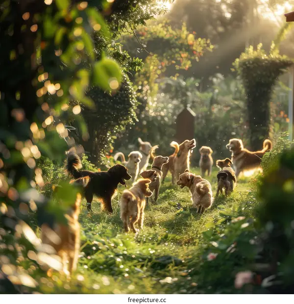 A group of dogs playing in the garden