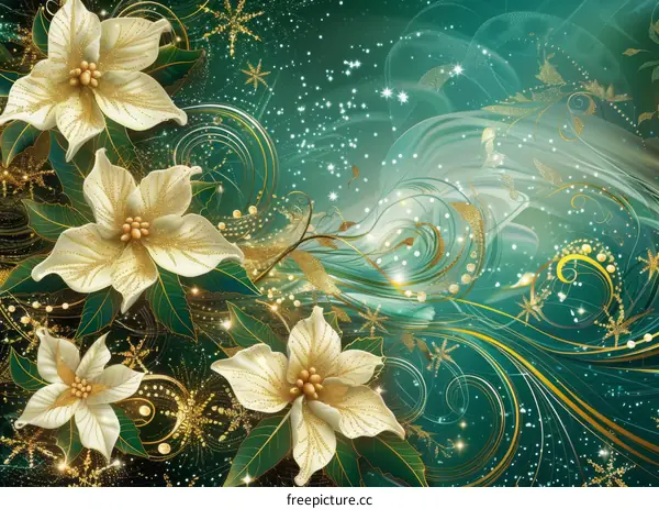 White and gold poinsettia flowers with green leaves on a dark green background.