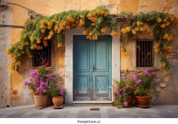 Blue Door with Yellow Wall and Flowers