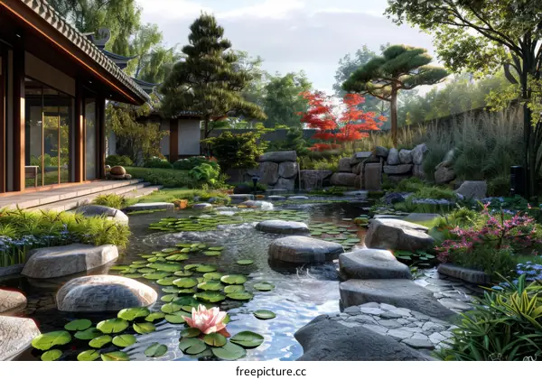 Serene Japanese Garden with Pond and Stone Lanterns