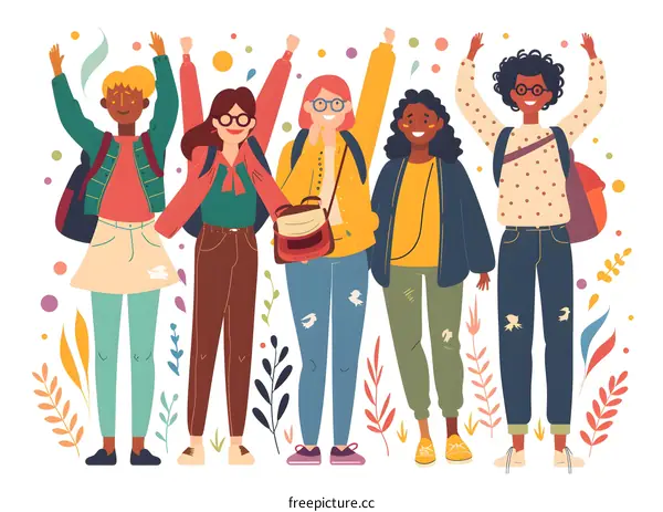 Happy Diverse Group Of Friends Raising Their Hands In Celebration