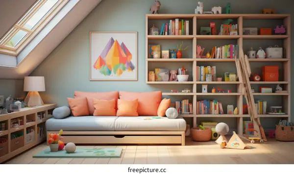 A cozy corner for reading in a child's bedroom with a sofa, bookshelf, and plenty of natural light