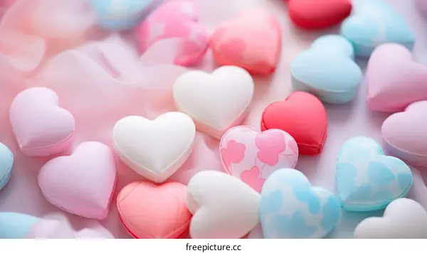 A variety of small pastel-colored plush hearts are scattered on a pink surface.