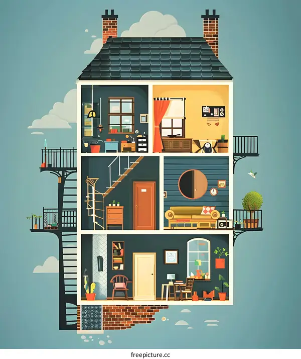 Interior Design of a Three Story House With Balconies