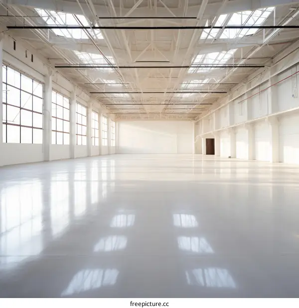 Spacious Empty Room with White Floor and Large Windows