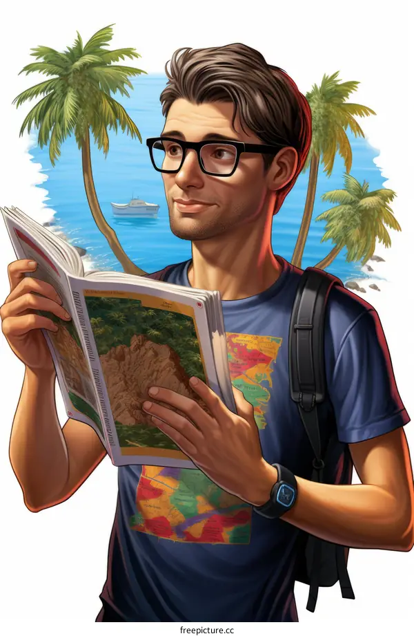 Bearded man with glasses reading a travel guidebook