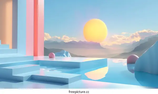 Giant Sun and Mountains Surreal Landscape