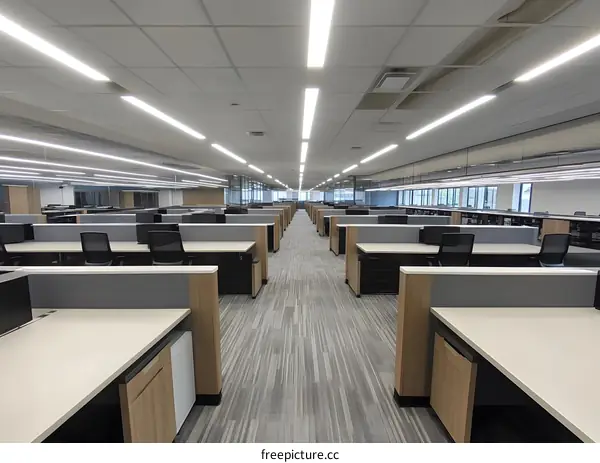 Modern Office Interior Design with Grey Carpet and Wooden Desks