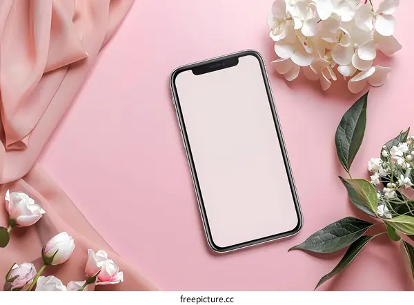 Pink Background with Smartphone and Flowers Mockup