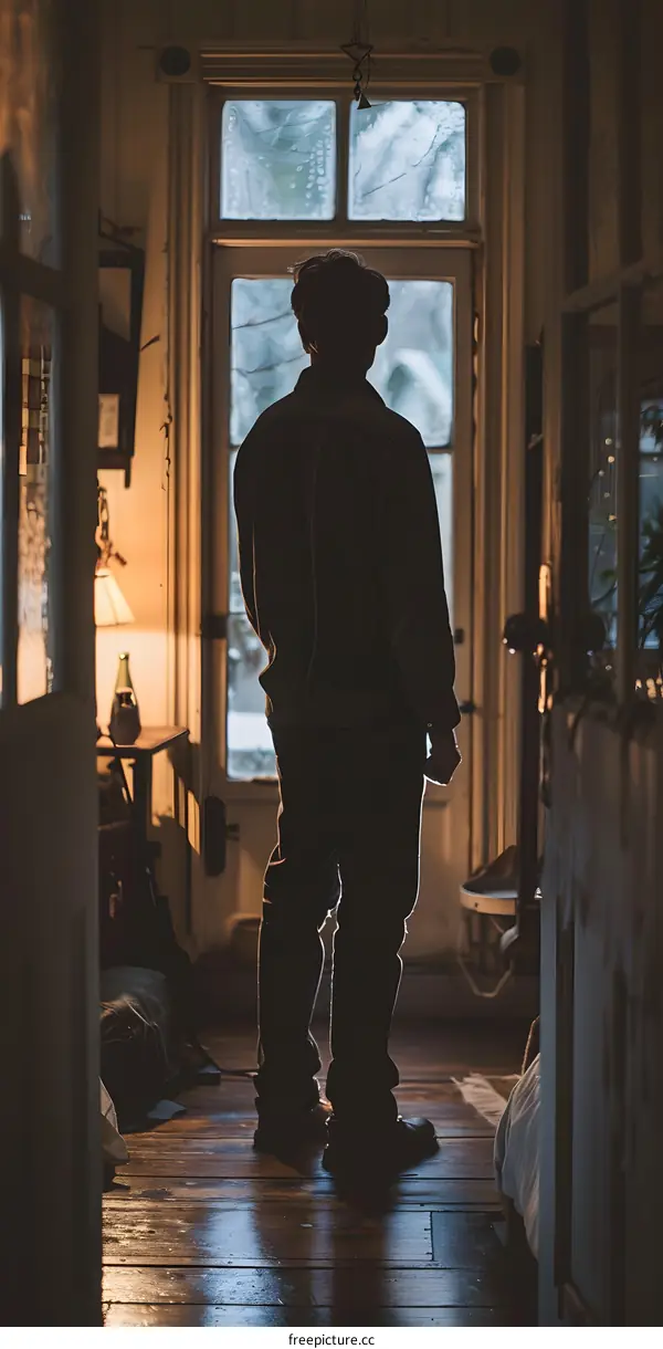 Man looking out window at night