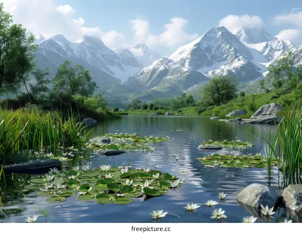 Picturesque Alpine Lake with Snow-Capped Mountain Peaks