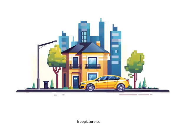 Yellow Car Parked in Front of House in City