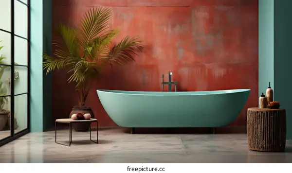 Blue bathtub in a red room