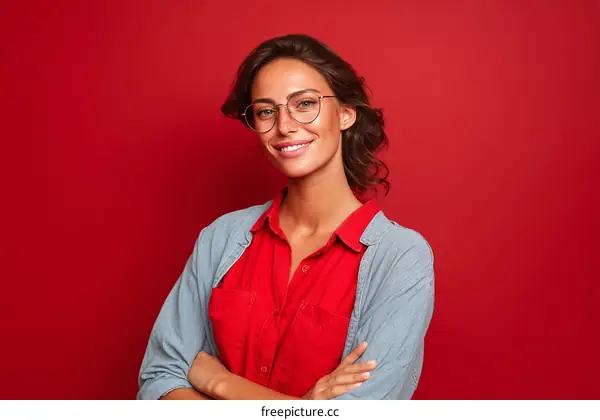 Smiling Woman with Glasses in Red Background