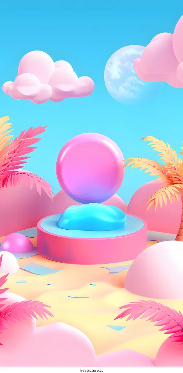3D Illustration of a Summer Scene with Palm Trees and a Pink and Blue Platform