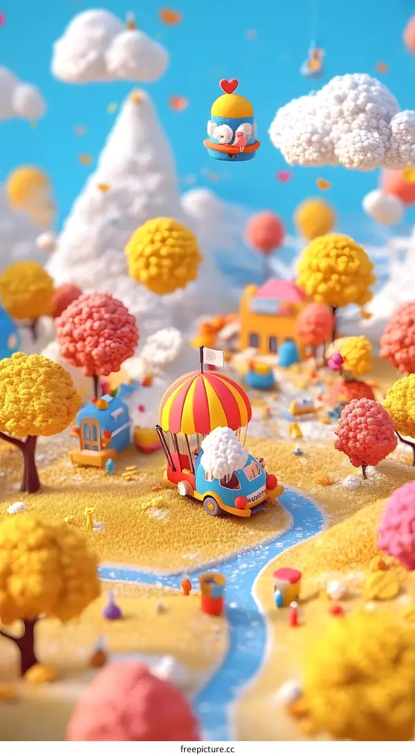 Cute Cartoon Illustration Of A Miniature World With A Hot Air Balloon Car