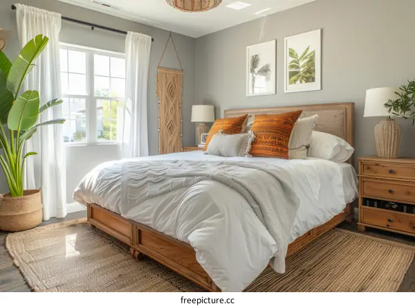 A bedroom with a large bed, a rug, and a plant