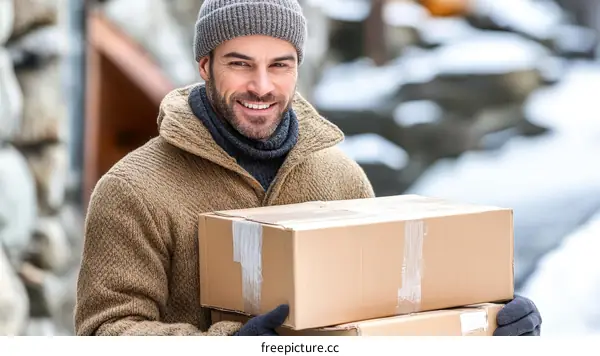 Delivery Man with Packages in Winter