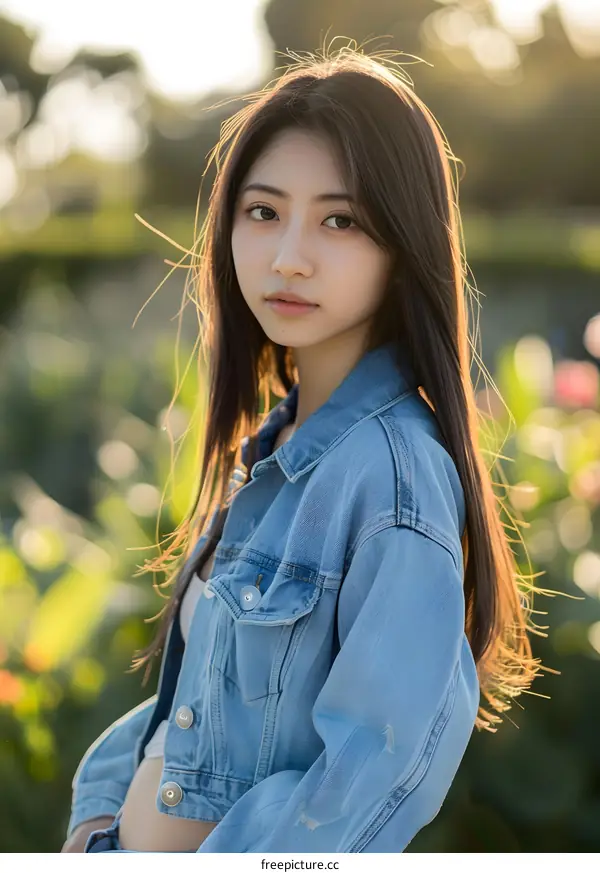 Young Woman in a Denim Jacket Outdoors