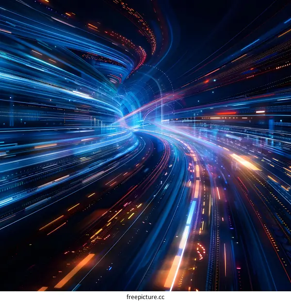 Blue and orange glowing digital tunnel