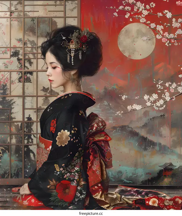 An Asian woman wearing a kimono with cherry blossoms in the background