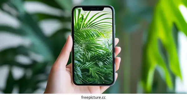 Hand Holding Smartphone with Green Leaves Wallpaper